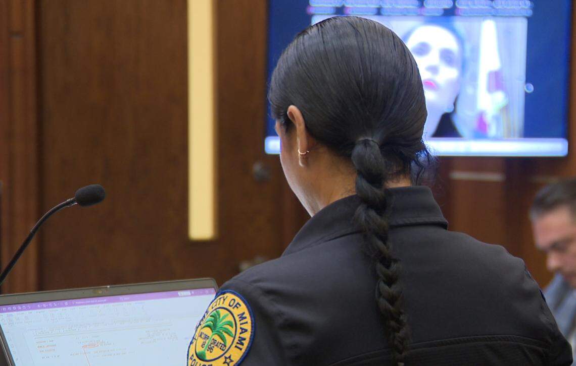 Miami Police Officer Erica Socarras testifies about how she was shot at during a 2020 traffic stop in court on Monday, April 27, 2026.