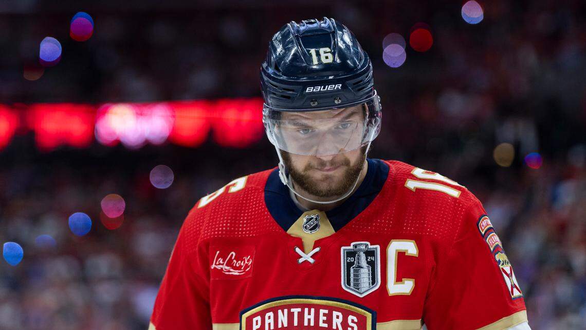 Florida Panthers center Aleksander Barkov (16) looks on after a play against the Edmonton Oilers in the first period of Game 2 of the NHL Stanley Cup Final at the Amerant Bank Arena on Monday, June 10, 2024, in Sunrise, Fla.