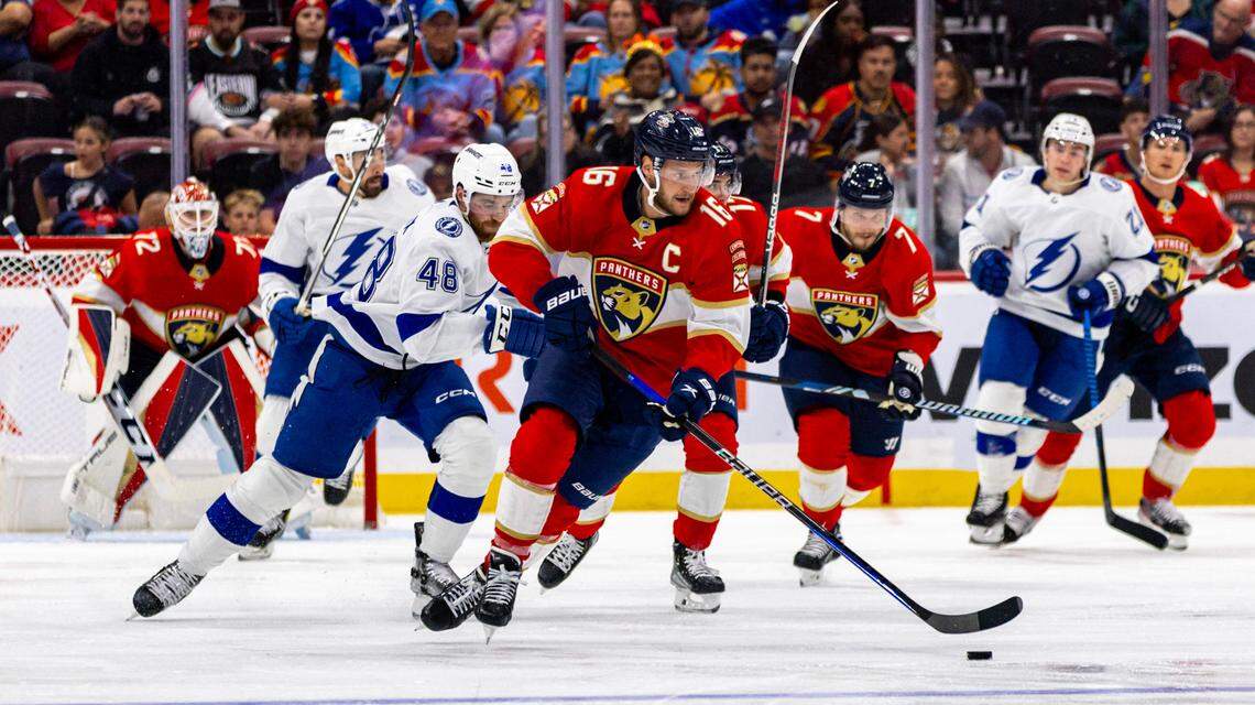 Florida Panthers center Aleksander Barkov (16) skates down with the puck on a fast break during the second period of an NHL game against the Tampa Bay Lightning at Amerant Bank Arena in Sunrise, Florida, on Saturday, October 7, 2023.