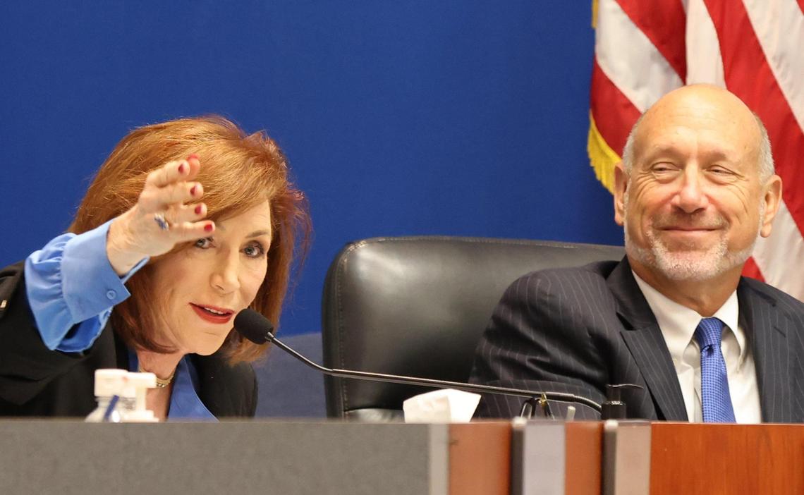 Board member Brenda Fam, Esq, left, comments as Broward School Board discusses the selection of the new superintendent for Broward public schools on Tuesday, May 9, 2023, in Fort Lauderdale, Florida. On the right is board member Allen Zeman.