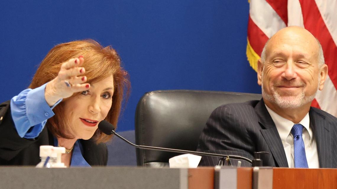 Board member Brenda Fam, left, comments as Broward School Board discusses the selection of the new superintendent for Broward public schools on Tuesday, May 9, 2023, in Fort Lauderdale, Florida. On the right is board member Allen Zeman.