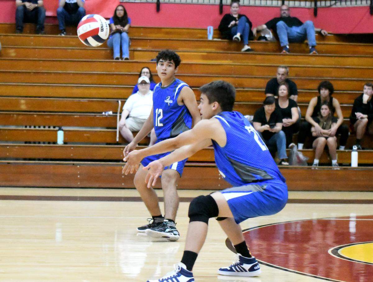 Bermudez junior Julian Kaufman digs out a shot against King’s Academy during a Class 1A boys state volleyball semifinal on Thursday at Polk State College in Winter Haven.