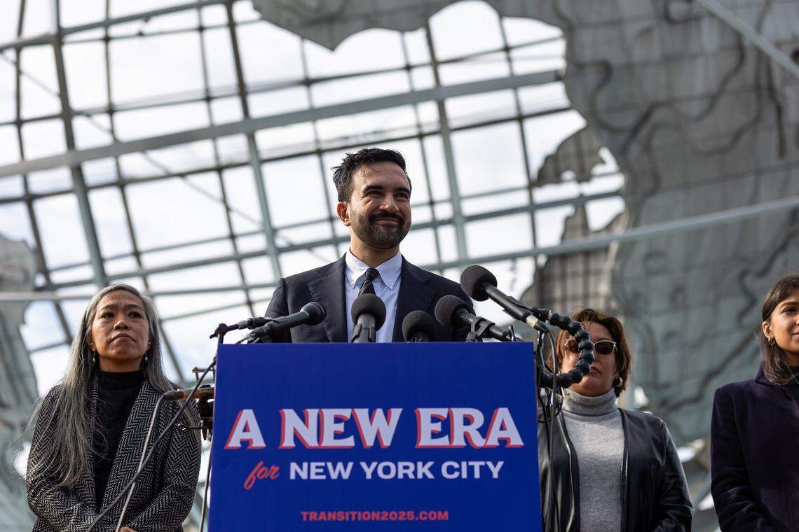 New York City mayor-elect Zohran Mamdani announce members of his transition team to the media in front of the Unisphere in Flushing Meadows Corona Park, Queens, on Nov. 5, 2025. (Shawn Inglima/New York Daily News/TNS)