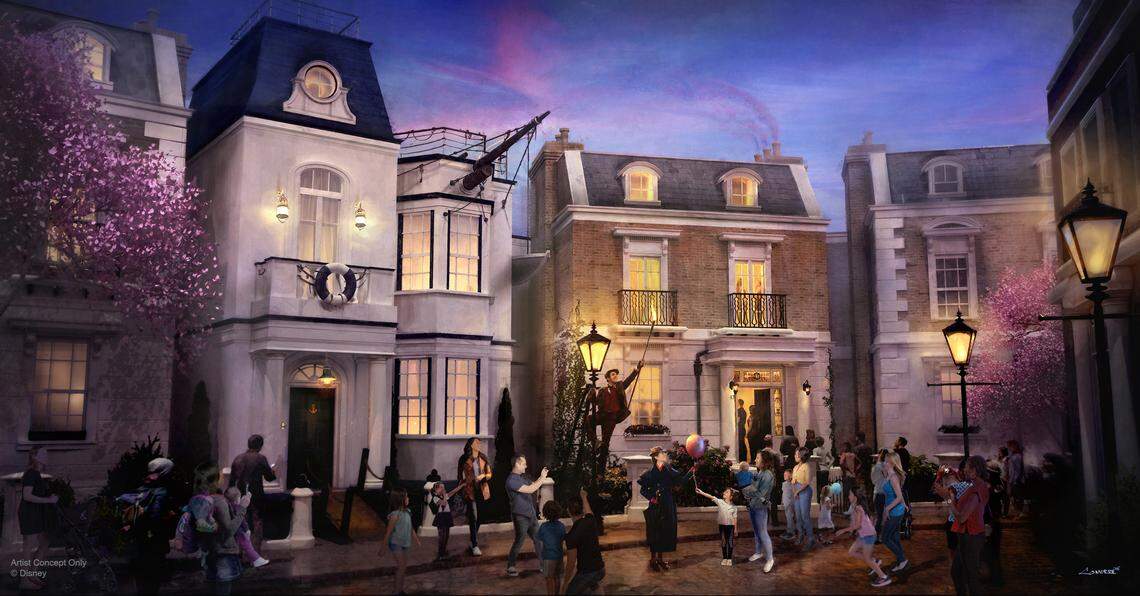 Epcot’s United Kingdom pavilion will welcome the first attraction inspired by Mary Poppins. Guests will step in time down Cherry Tree Lane past Admiral Boom’s house, then enter Number 17, home of the Banks family, where their adventure will begin.