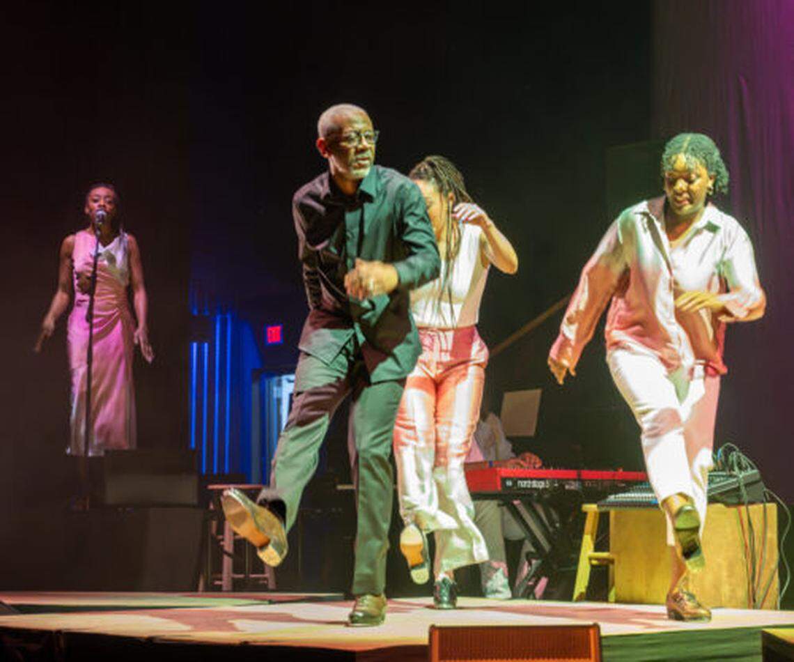 Marshall Davis Jr., center, creator, director, and choreographer of “Revelations in Rhythm,” with, vocalist Sophia Strickland, left, dancer Afra Hines, in back, and dancer Funmi Sofola, right, during a 2024 performance.