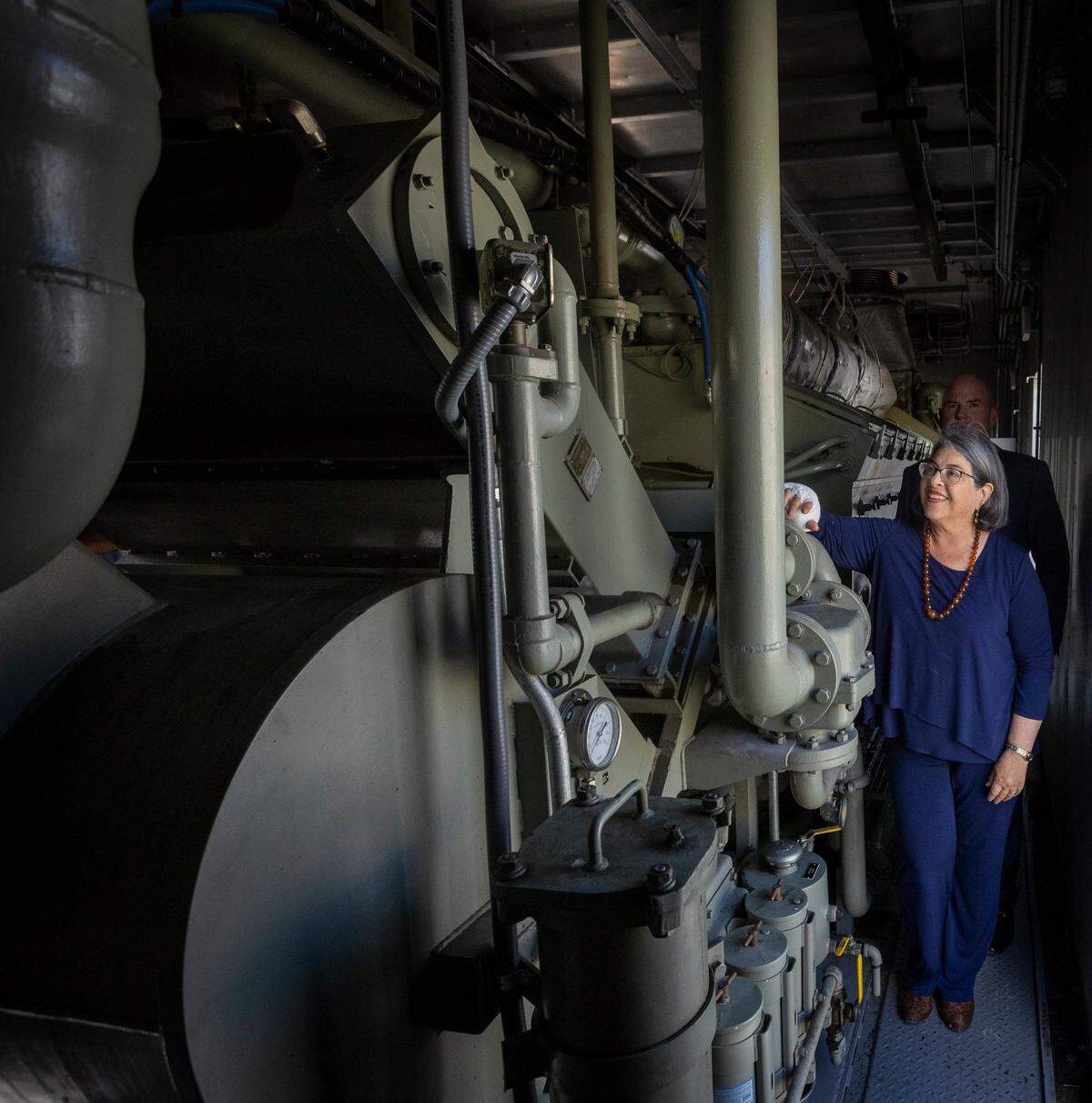 Miami-Dade County Mayor Daniella Levine Cava tours generators inside the Alexander Orr Water Treatment Plant on June 5, 2023. Spending is up on the county’s sewage system after she took office in 2020.