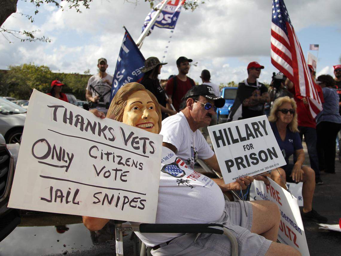 Protesters gather outside the Broward County Supervisor of Elections Office on Sunday, Nov. 11, as the statewide election recount gets underway with both parties closely watching.