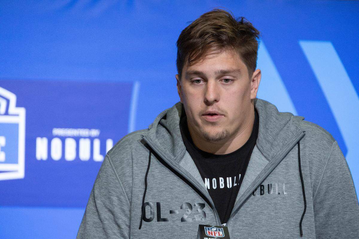 Mar 4, 2023; Indianapolis, IN, USA; Michigan offensive lineman Ryan Hayes (OL23) speaks to the press at the NFL Combine at Lucas Oil Stadium. Mandatory Credit: Trevor Ruszkowski-USA TODAY Sports