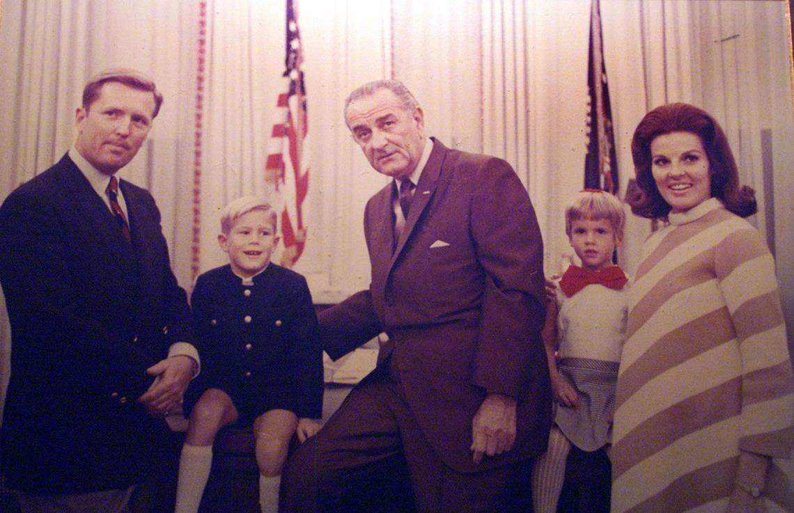 Copy of a White House photo of Bob Green with his-then wife Anita Bryant and two of their children, Bobby and Gloria, posing with President Lyndon Johnson.