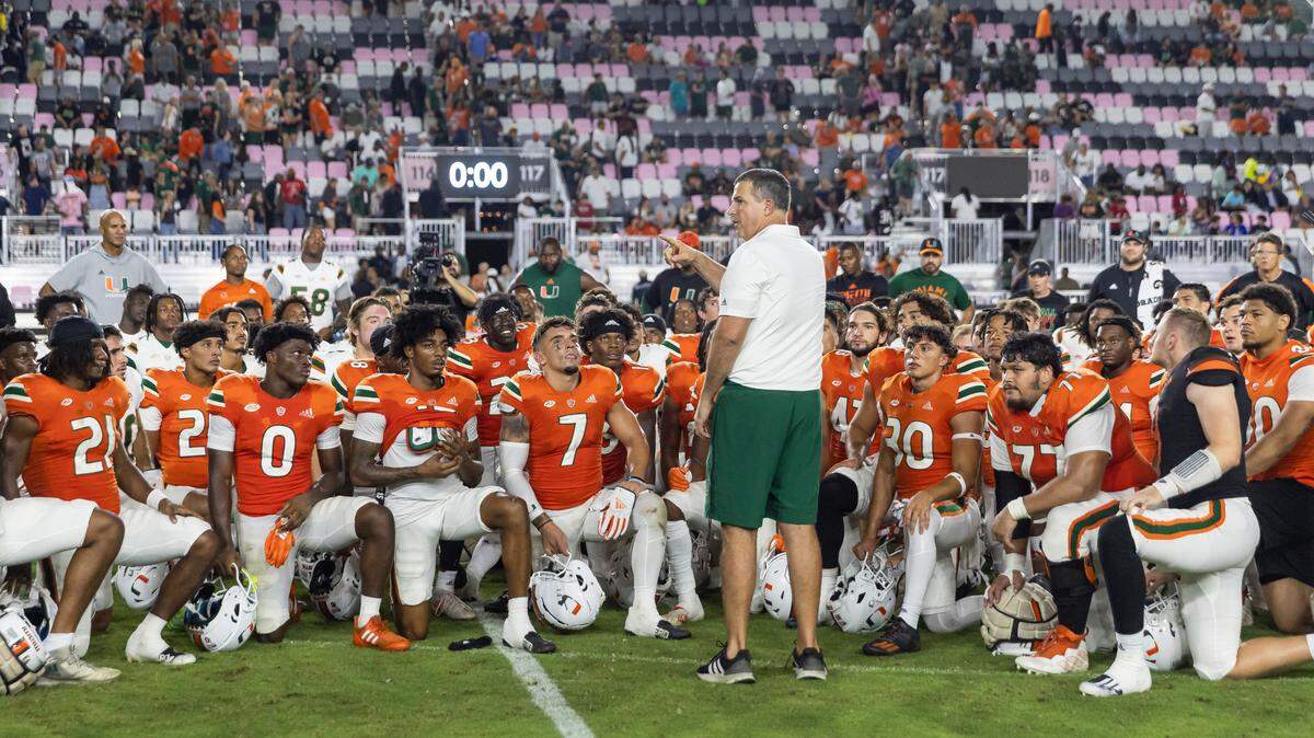 Miami Hurricanes head coach Mario Cristobal talks to his team after they finished their spring game at DRV PNK Stadium on Friday, April 14, 2023, in Fort Lauderdale, Fla.