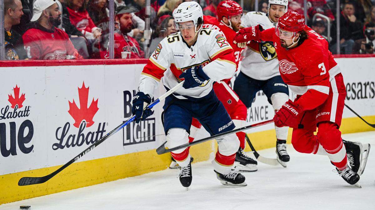 Apr 6, 2025; Detroit, Michigan, USA; Florida Panthers right wing Mackie Samoskevich (25) and Detroit Red Wings defenseman Justin Holl (3) battle for the puck during the first period at Little Caesars Arena.