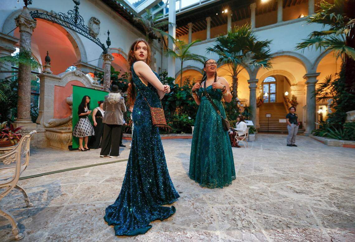 NIcole De Souza, 18, and Zeniah Ellis, 16, seen left to right, of Pompano Beach High, arrive for Safe Schools South Florida’s prom for queer youth. The event provided students with the full prom experience in a welcoming and affirming space at the Vizcaya Museum and Gardens in Miami, Florida, on Saturday, May 31, 2025.
