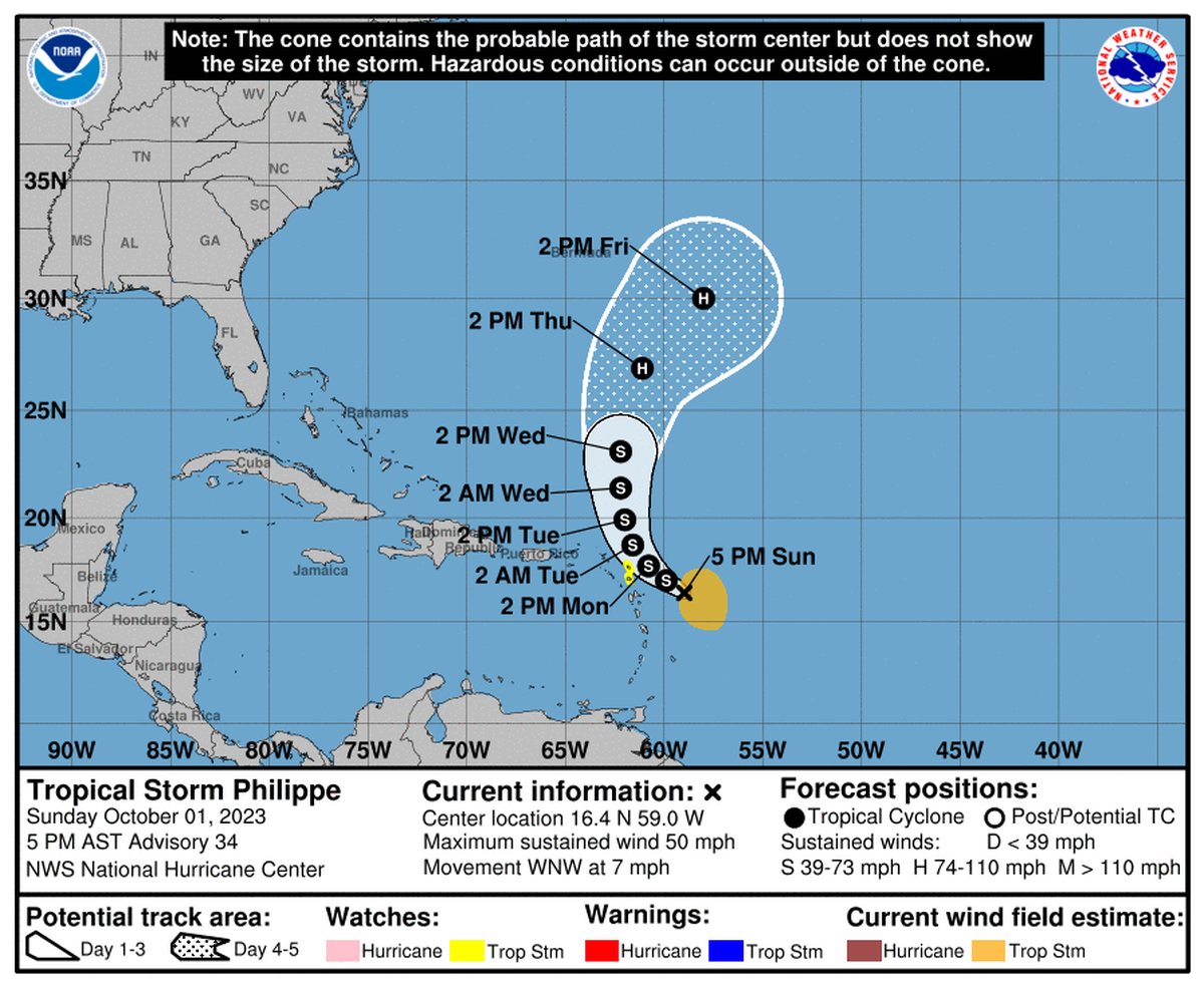 The projected path of Tropical Storm Philippe 5 p.m., Oct. 1, 2023