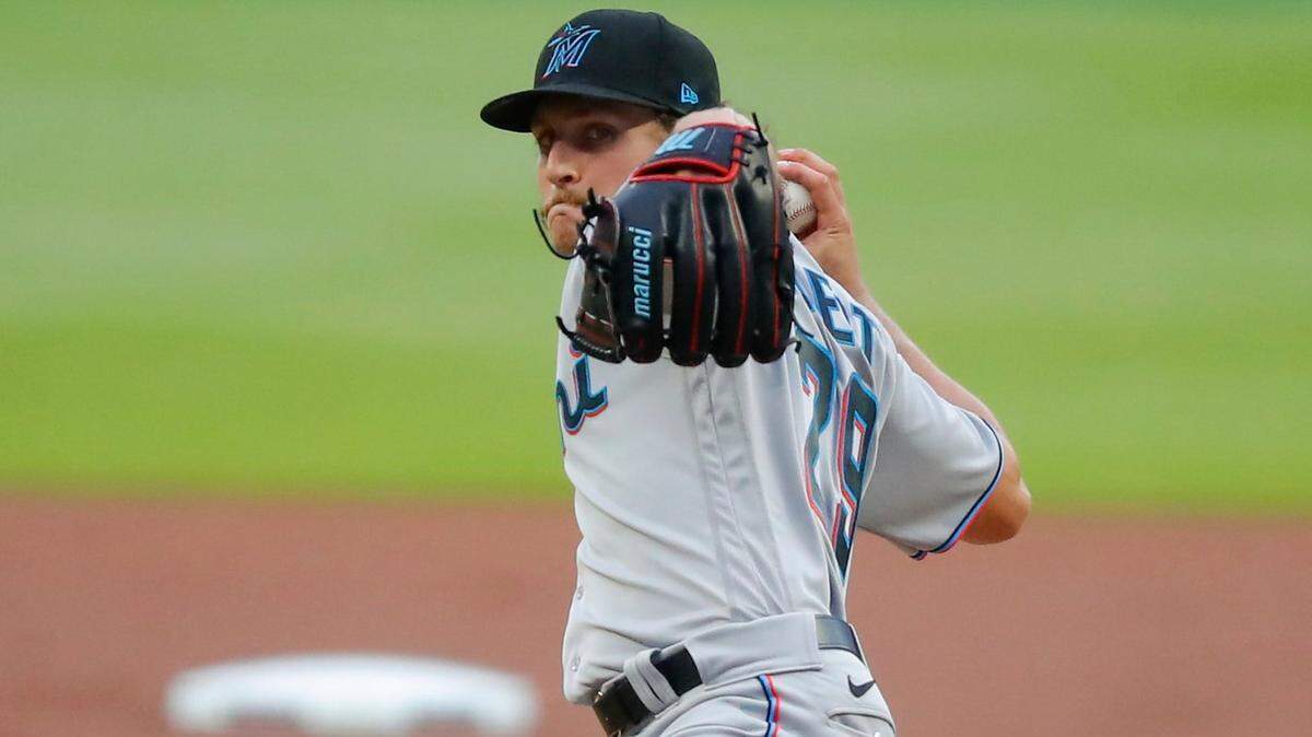 Nick Neidert #29 of the Miami Marlins delivers a pitch in the first inning against the Atlanta Braves at Truist Park on April 14, 2021 in Atlanta, Georgia.