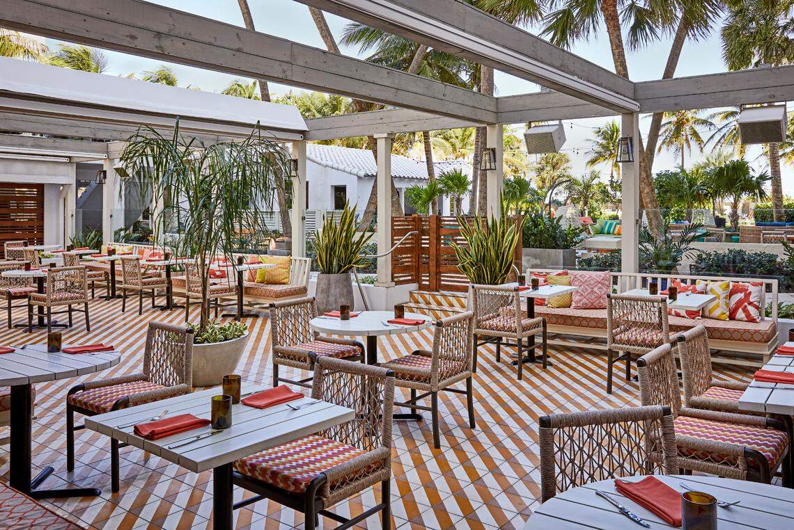 The outdoor terrace at Ambersweet, the new restaurant at The Confidante Miami Beach.