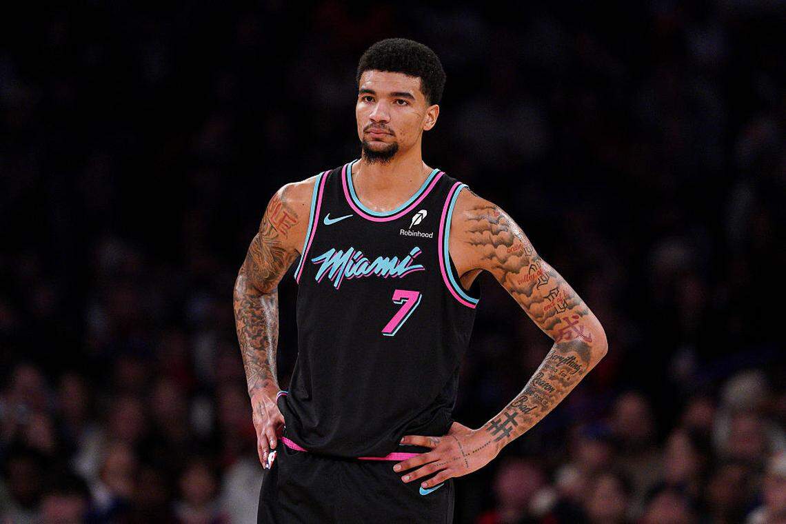 Kel'el Ware #7 of the Miami Heat looks on in the second half against the New York Knicks at Madison Square Garden on December 21, 2025 in New York City.