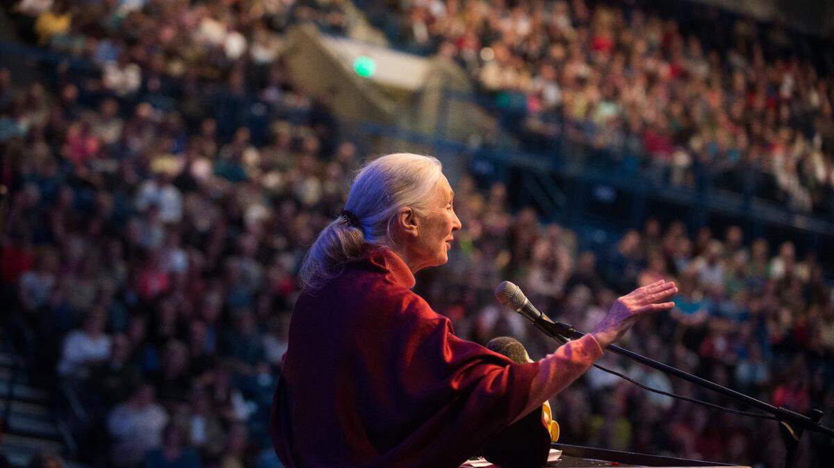 Jane Goodall speaks to a crowd at Gonzaga University.