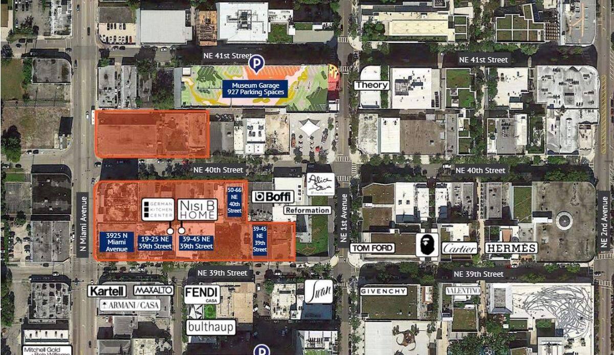 This overhead shot of the western end of the Design District shows the buildings that will be part of The Market at Miami Design District shaded in red and the existing businesses around them.