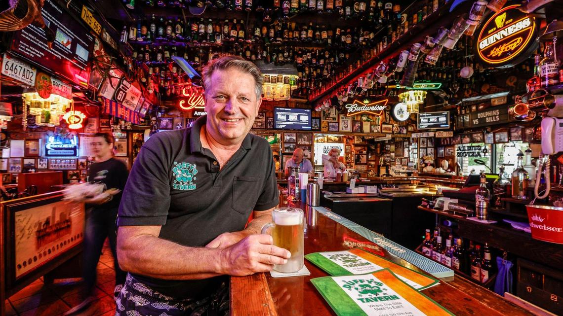 Owner Wayne Russell at the bar inside Duffy’s Tavern in Miami. The property is up for sale, and the restaurant and bar’s future is uncertain.