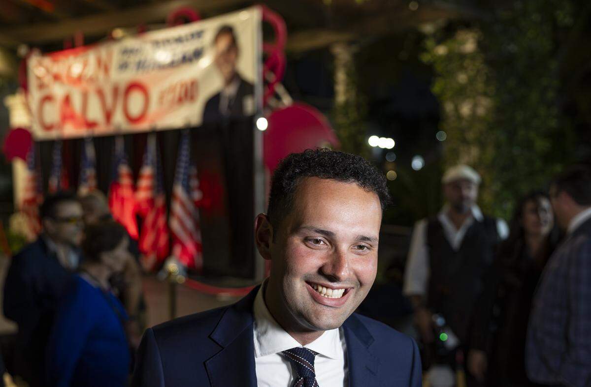 Newly elected Hialeah Mayor Bryan Calvo speaks with the media after defeating Interim Mayor Jackie Garcia-Roves during his election night party at Hialeah Park Casino on Tuesday, Nov. 4, 2025, in Hialeah, Fla.