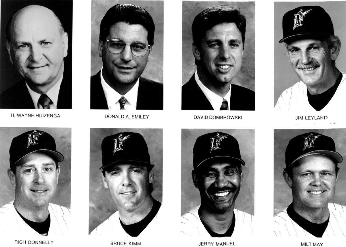1997 Florida Marlins executives: H. Wayne Huizenga; Donald A. Smiley; David Dombrowski; Jim Leyland; Rich Donnelly; Bruce Kimm; Jerry Manuel; Milt May.