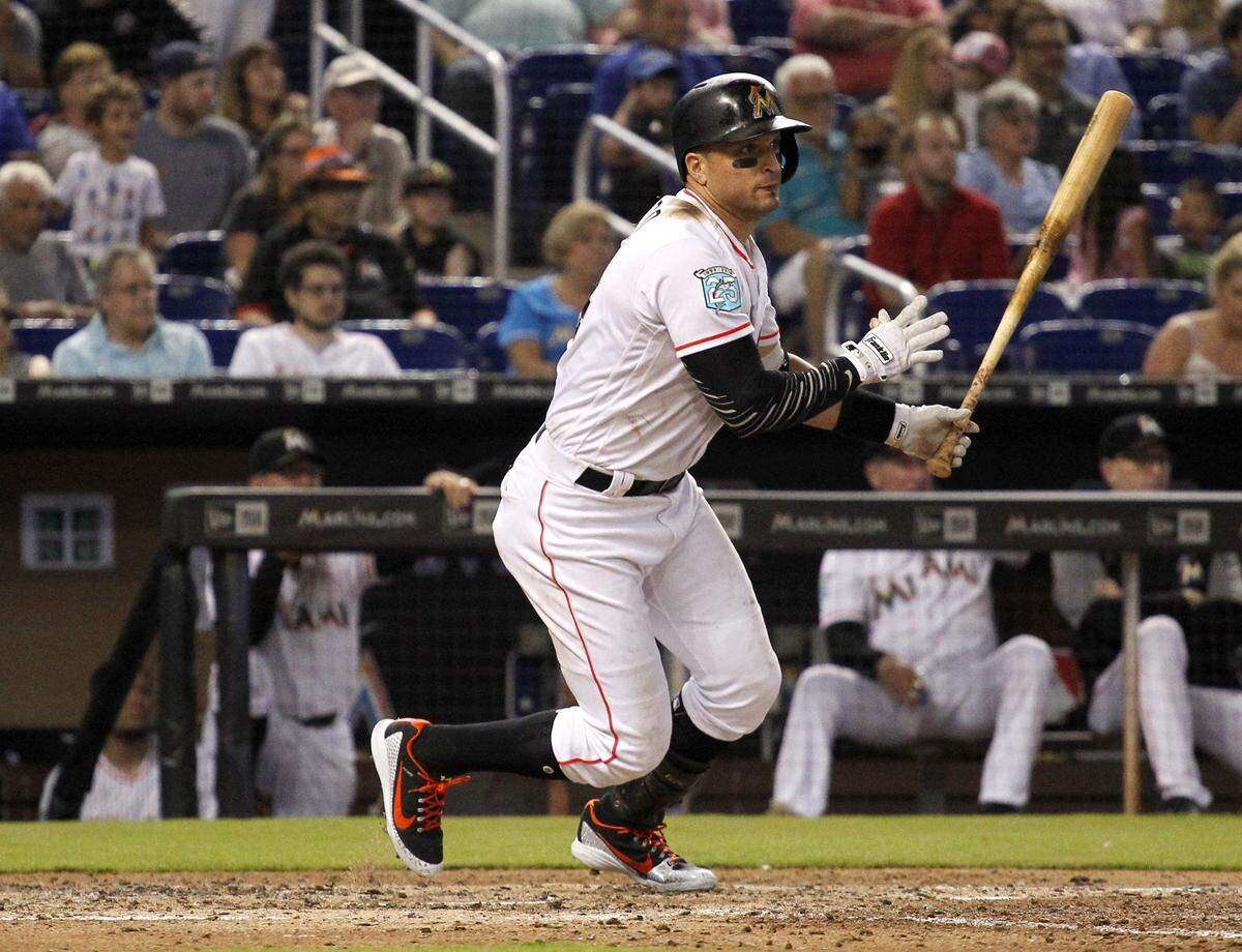Marlins Martin Prado connects and helped the Marlins with one of the three runs at the bottom of the 5th inning during the Marlins vs National baseball game inside Marlins Park, Miami, Florida on Sunday, July 29, 2018. 