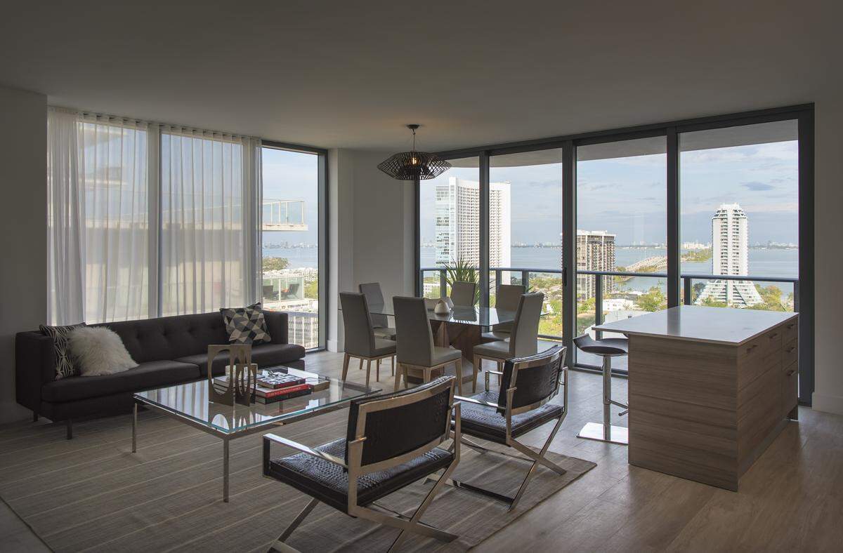 The living room in a three-bedroom condo unit at the Hyde Midtown.