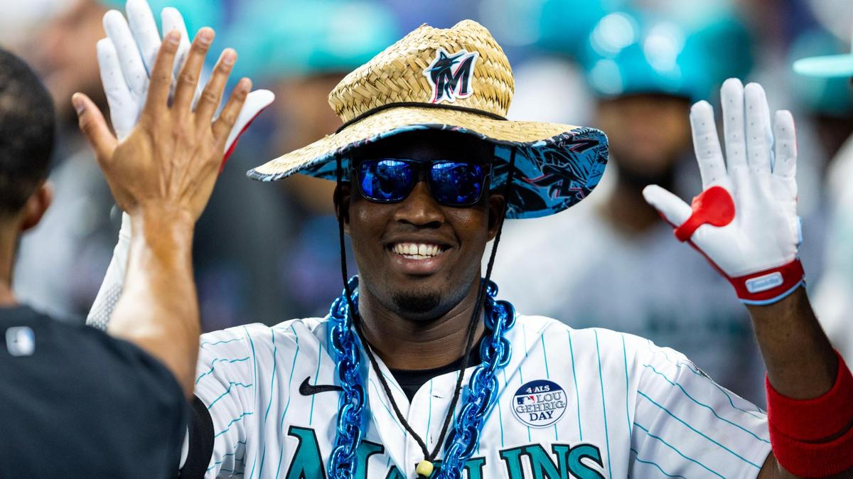 Miami Marlins player Jesus Sanchez (7) reacts with teammates after homering during the first inning of an MLB game against the Oakland Athletics at loanDepot park in the Little Havana neighborhood of Miami, Florida, on Friday, June 2, 2023.