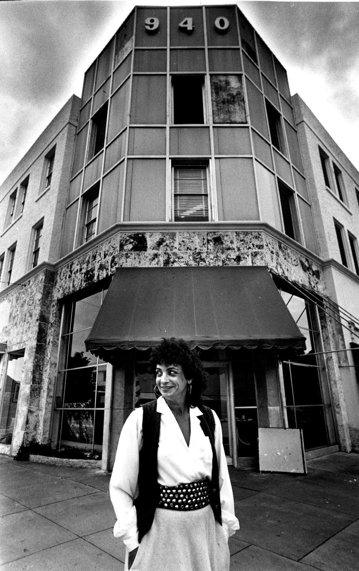 Ellie Schneiderman, creator of the South Florida Arts Center, a Lincoln Road artist colony, stands in front of her office and its main gallery in this 1985 file photo.