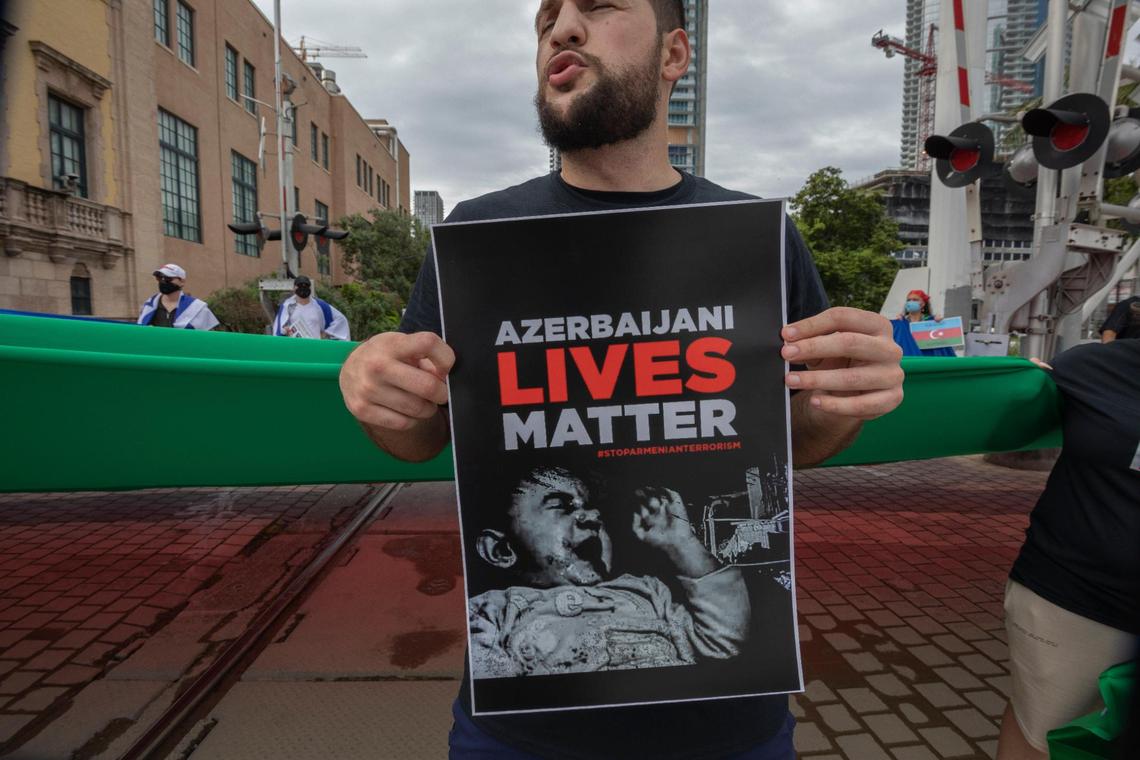 Fardi Pashazade at Azerbaijani community holds a protest infront of The Freedom Tower, on Sunday October 25th., 2020.