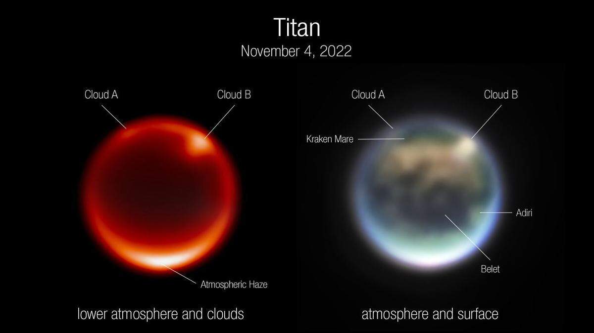 Infrared images of Saturn’s moon Titan captured by the James Webb Space Telescope’s showed bright spots later identified as prominent clouds in the northern hemisphere, NASA says.