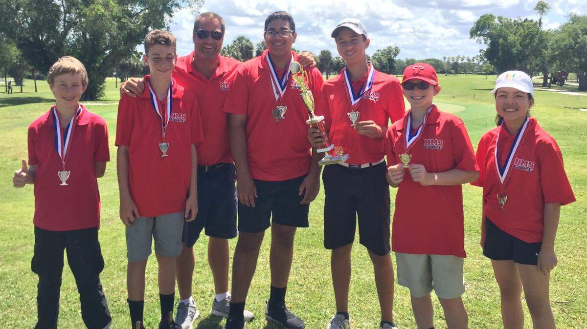 Nautilus Middle School’s golf team competed in Miami-Dade County’s Golf Championship and was named Runner Up after defeating 12 local golf teams. Team members, pictured from left to right, are Aaron Elliott, Drew Tobin, Coach Eric Marshall, Rahul Bhatia, Harrison Delisle, Jacob Gaynor, and Alyssa Rodriguez.