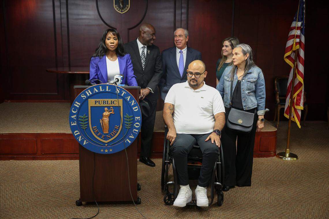 Attorney Sue-Ann Robinson, left, speaks during a press conference discussing the case of Michael Ortiz, center, with the rest of his legal counsel and his mother, Betty Garcia, right, on Wednesday, March 1, 2023, at the Broward Law Office of the Public Defender in Fort Lauderdale.