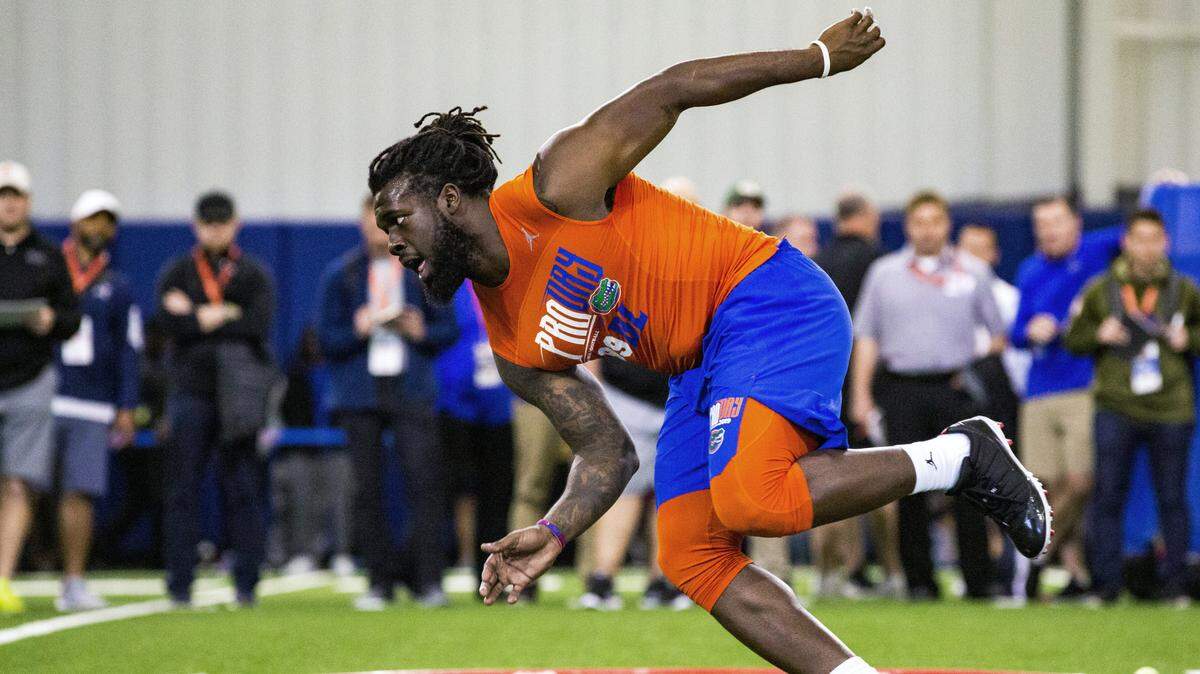 In this March 27, 2019, file photo, defensive lineman Jachai Polite runs drills during the University of Florida’s football Pro Day in Gainesville, Fla. Polite is a possible pick in the 2019 NFL Draft.