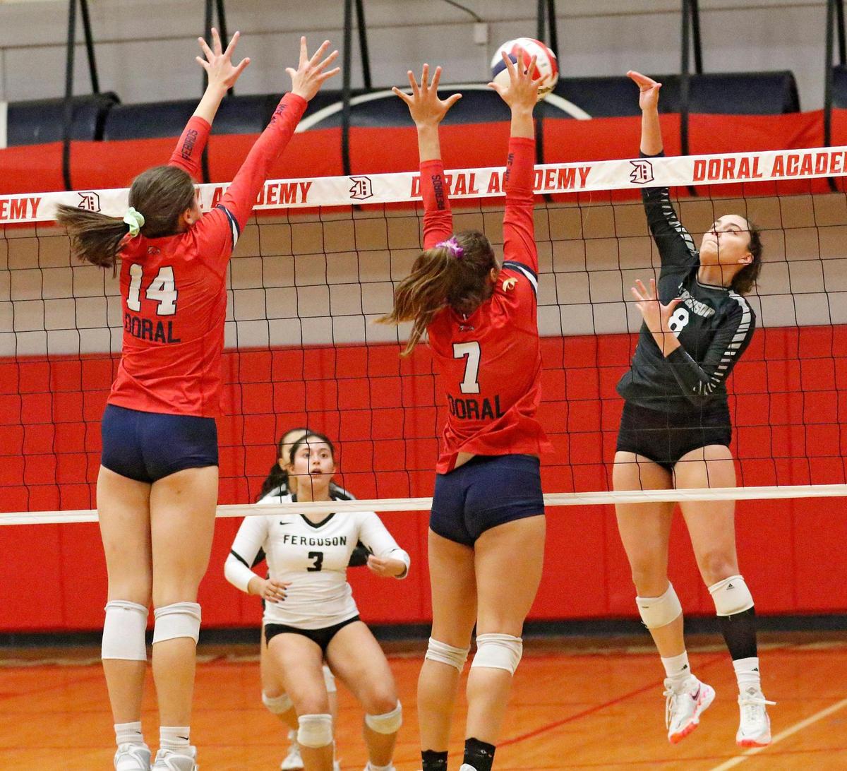 Ferguson Falcons Agatha Gonzalez (8) hits against Doral Academy Firebirds during volleyball game on Saturday, October 29, 2022 at Doral Academy in Doral. Andrew Uloza / for Miami Herald