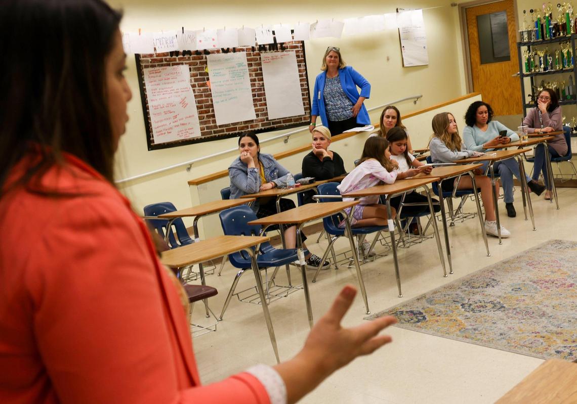 Stakeholders and parents gather to voice their remarks as Broward County Public Schools held the third of three town halls to discuss with the community the possibility of closing schools in 2025 due to under-enrollment at Charles W. Flanagan High School in Pembroke Pines, Florida on Thursday, February 22nd, 2024.