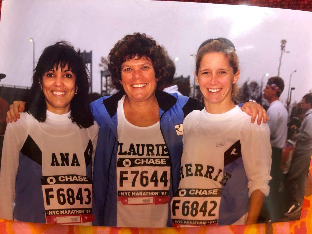 Ana Campo, Laurie Huseby and Sherrie Bieniek at the start of the New York City Marathon in 1997. They had also run in the 1996 race. They’ve been running or walking together since. Laurie’s family owns FootWorks in South Miami, whose nonprofit, TeamFootWorks, runs the training programs for 5Ks, half and full marathons.