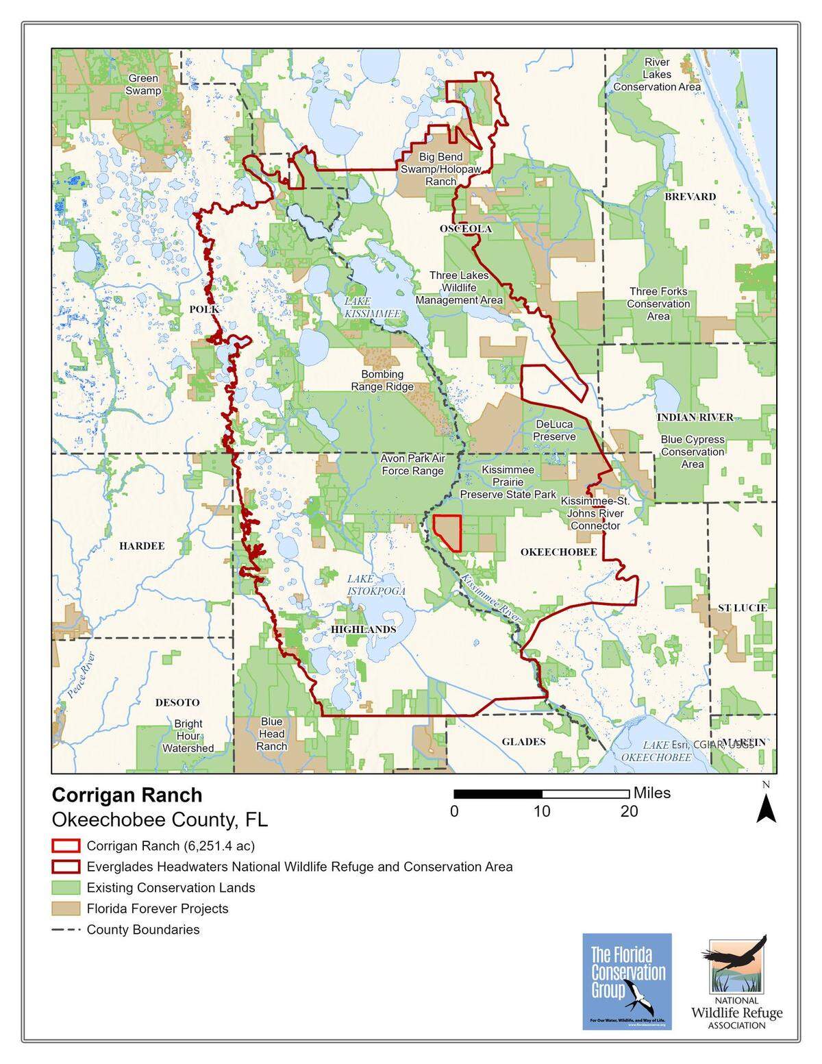This map depicts the boundary -- the wedge in red in the center of the map -- of Corrigan Ranch property in Okeechobee County and southwest of DeLuca Preserve. In September, the state approved purchasing 4,381 acres of the Corrigan property for $14.5 million. The larger boundary in red is the Everglades Headwaters National Wildlife Refuge.