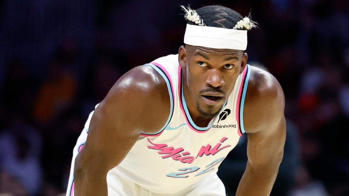 Miami Heat forward Jimmy Butler (22) on the court during game against Denver Nuggets in first half of NBA basketball game at Kaseya Center in Miami on January 17, 2025.