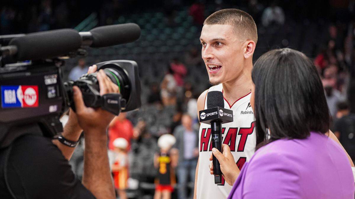 Miami Heat guard Tyler Herro (14) is interviewed after the Heat defeated the Atlanta Hawks in overtime at State Farm Arena.
