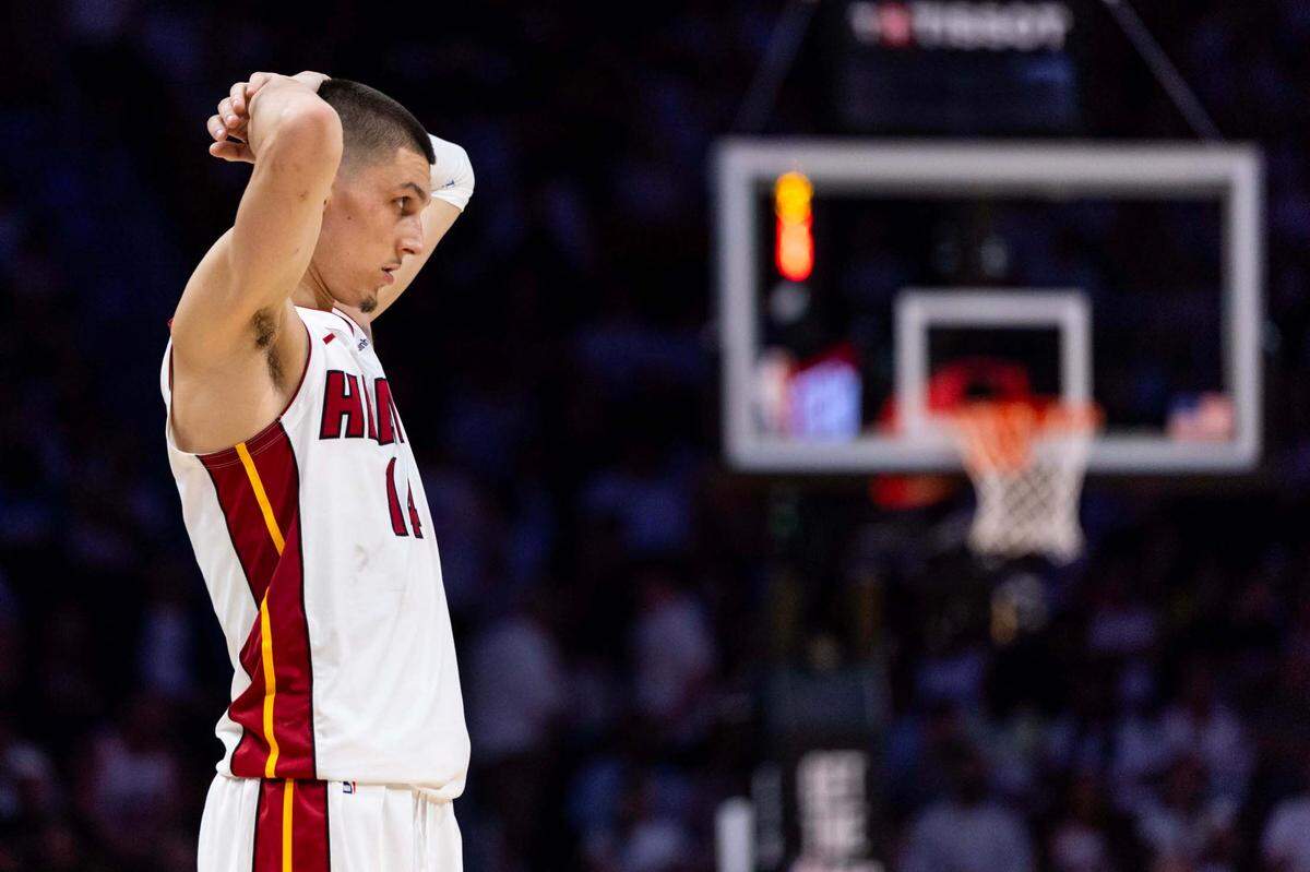 Miami Heat guard Tyler Herro (14) looks on during the second half of Game 4 of the Eastern Conference NBA Playoffs against the Cleveland Cavaliers at Kaseya Center on April 28, 2025, in Miami.