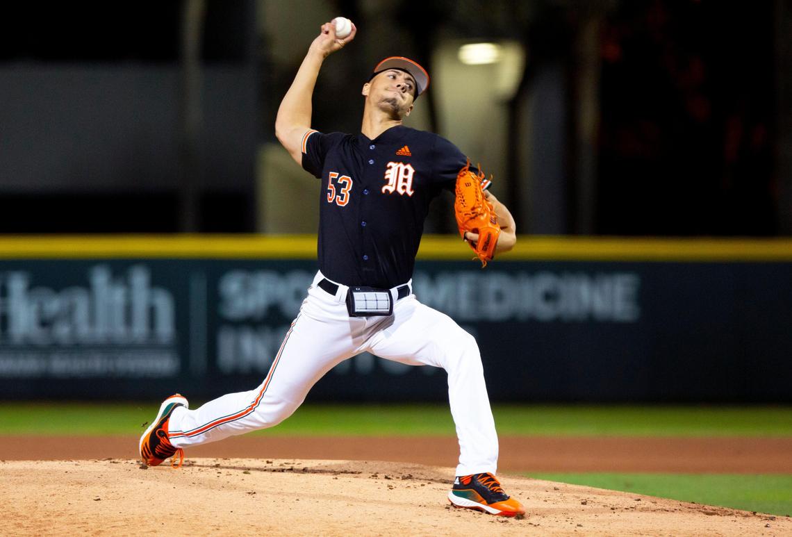 Miami Hurricanes right-handed pitcher Brian Van Belle (53) throws a pitch during the first inning of a baseball game against University of Florida at Alex Rodriguez Park in Coral Gables, Florida on Friday, February 21, 2020.