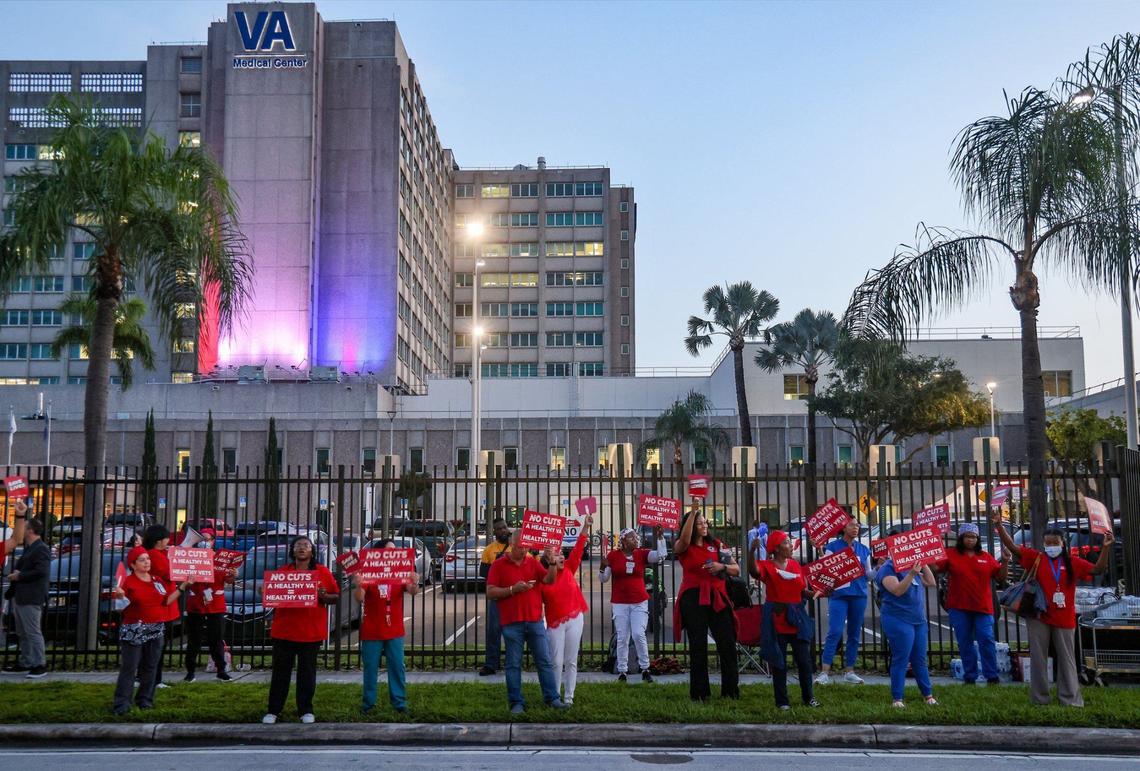 A group of sixty nurses protest advocating for increased investment in the VA healthcare system, opposing job freezes and cuts that jeopardize veterans’ access to medical care. The demonstration, supported by the National Nurses United Union at the Miami VA Hospital, was part of a nationwide effort calling for enhanced funding for veterans’ healthcare services on Wednesday, August 21, 2024, in Miami, Florida.