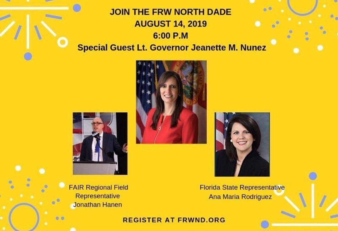 Republican Lt. Gov. Jeanette Núñez, from Miami, and state Rep. Ana Maria Rodríguez, R-Doral, were special guests at a talk hosted by the Federated Republican Women of North Dade, which featured guest speaker Jonathan Hanen, who represented the Federation for American Immigration Reform, or “FAIR.”