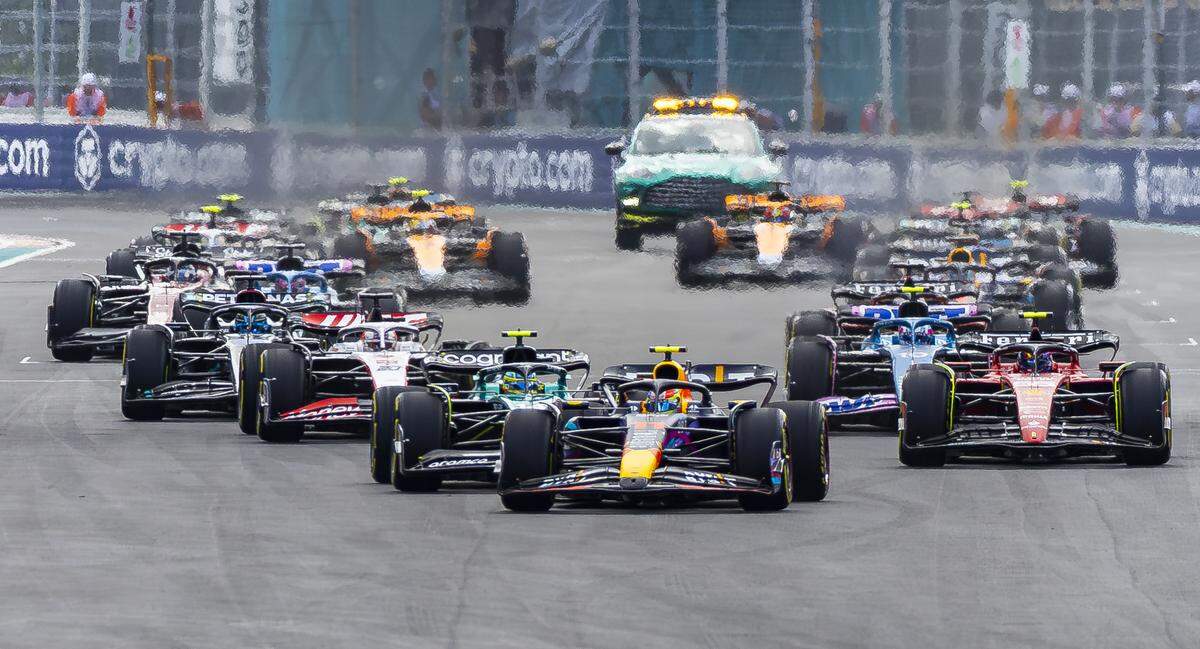 Cars take off from the starting grid during the Formula 1 Miami Grand Prix at the Miami International Autodrome on Sunday, May 7, 2023, in Miami Gardens, Florida.