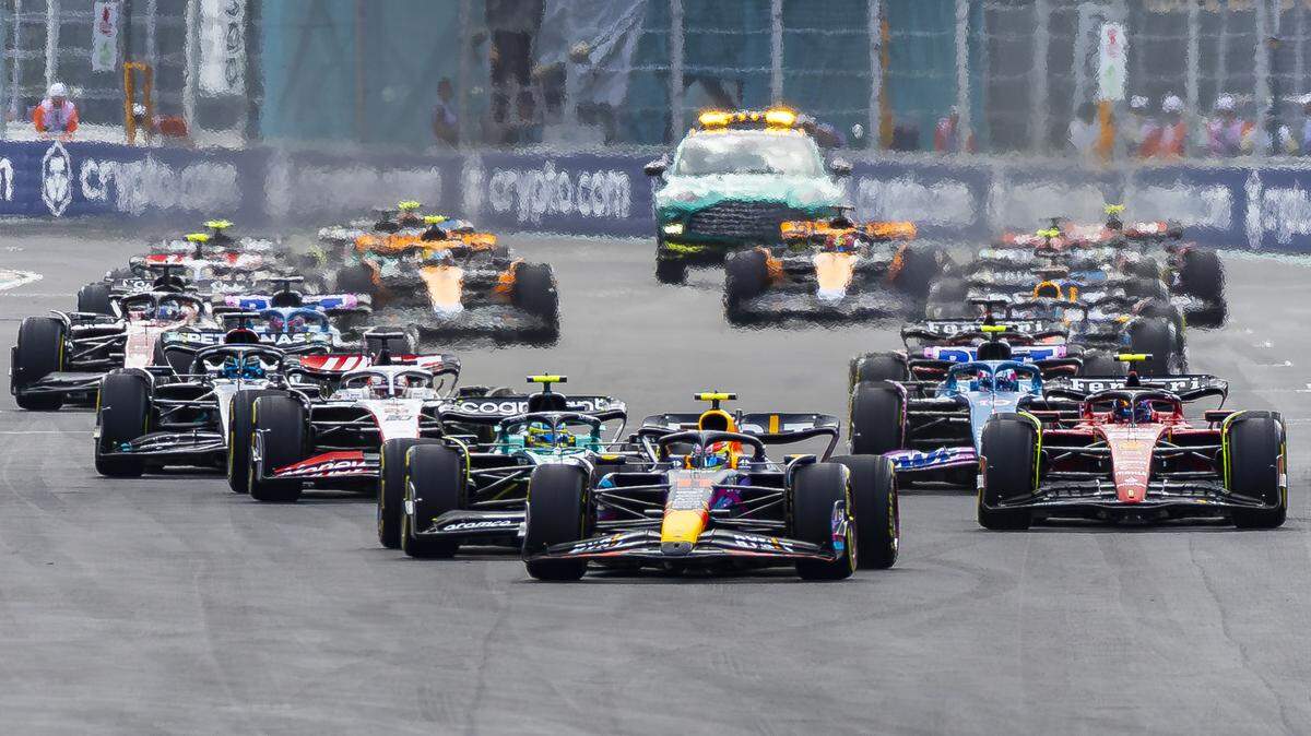 Cars take off from the starting grid during the Formula 1 Miami Grand Prix at the Miami International Autodrome on Sunday, May 7, 2023, in Miami Gardens, Florida.