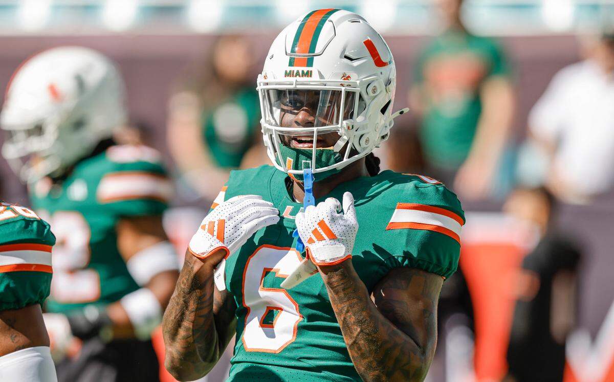 Miami Hurricanes defensive back Damari Brown (6) on the field before the game against the Wake Forest Demon Deacons for their NCAA game in Miami Gardens, Florida, on Saturday, November 23, 2024.