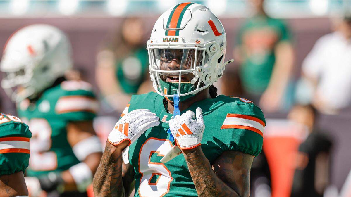 Miami Hurricanes defensive back Damari Brown (6) on the field before the game against the Wake Forest Demon Deacons for their NCAA game in Miami Gardens, Florida, on Saturday, November 23, 2024. 