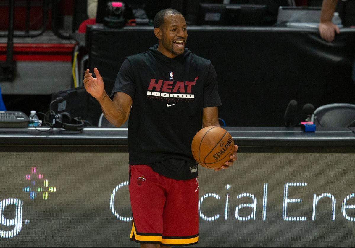 Miami Heat forward Andre Iguodala laughing during practice before the start of a game against the Milwaukee Bucks at AmericanAirlines Arena on Wednesday, December 30, 2020 in Miami.
