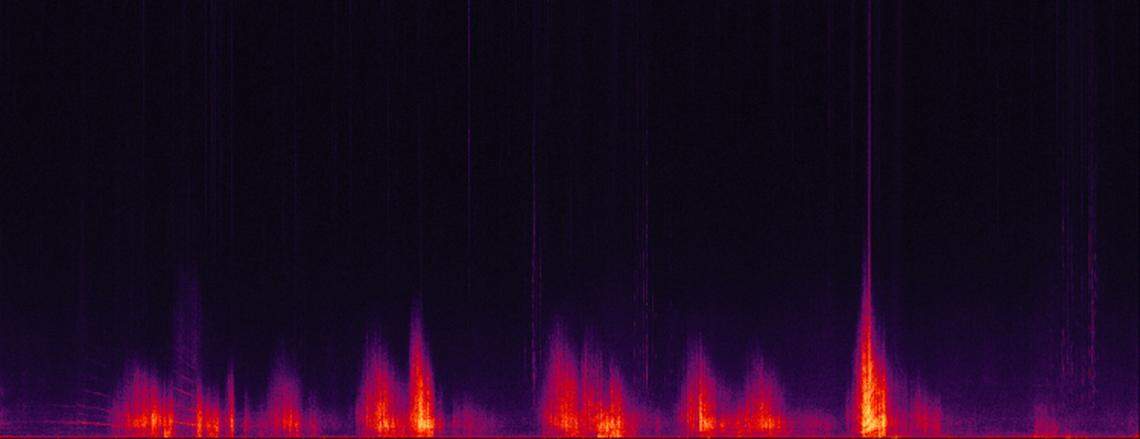 This spectrogram (a visualization of sound level at different frequencies) shows an hour of audio collected at one of the study sites, Third Beach, on Oct. 3, 2017. Each peak is a military Growler aircraft flight, with brighter colors indicating louder noise levels.
